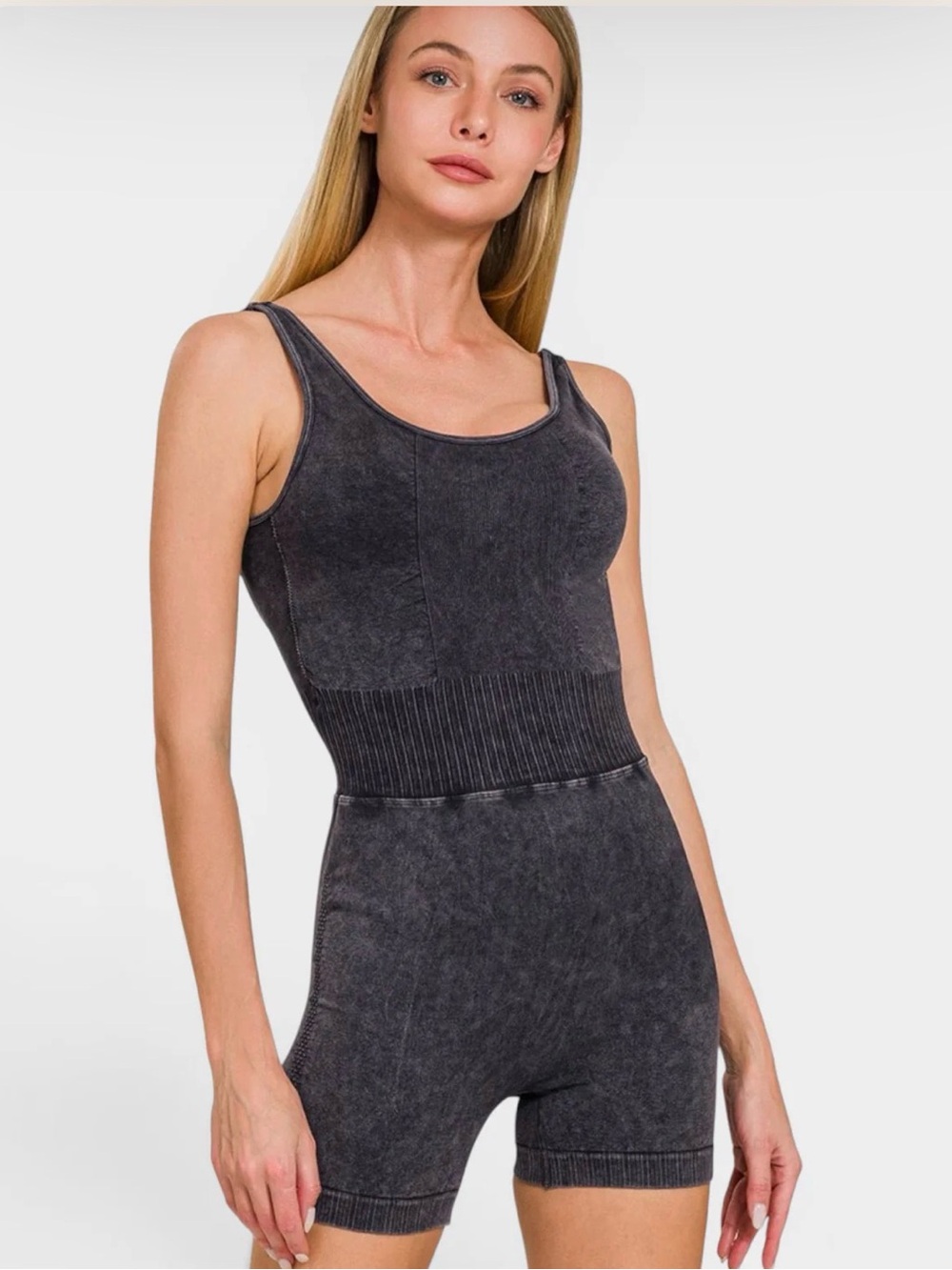 Zenana Outfitters Washed Black Cross Back Romper S/M